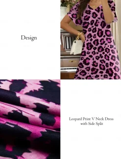 New Women's Maxi Dress Sundress Shift Dress Summer Dress Streetwear Sexy Drop Shoulder Vacation Party Holiday Regular Fit Leopard Short Sleeve V Neck Pink Blue Khaki Summer Spring Women Spring Dresses|T Shirt Dresses