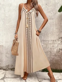 Outlet Women's Maxi Dress Sundress A Line Dress Slip Dress Vacation Casual Going out Beach Regular Fit Graphic Geometric Sleeveless V Neck Summer Spring Women Sundresses