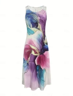 Hot Women's Maxi Dress Sundress Summer Dress Casual Daily Holiday Beach Loose Fit Graphic Marbling Sleeveless Crew Neck Summer Women Sundresses