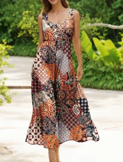 Best Women's Maxi Dress Sundress A Line Dress Slip Dress Pleated Dress Vacation Casual Boho Beach Regular Fit Graphic Vintage Bohemian Sleeveless U Neck Scoop Neck Red Blue Purple Orange Summer Spring Women Vacation Dresses