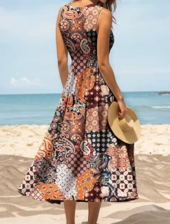 Best Women's Maxi Dress Sundress A Line Dress Slip Dress Pleated Dress Vacation Casual Boho Beach Regular Fit Graphic Vintage Bohemian Sleeveless U Neck Scoop Neck Red Blue Purple Orange Summer Spring Women Vacation Dresses