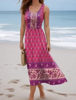 Online Women's Maxi Dress Sundress A Line Dress Slip Dress Pleated Dress Vacation Casual Boho Going out Beach Regular Fit Floral Paisley Color Block Sleeveless U Neck Deep Green light coffee Rose Red Summer Women Vacation Dresses