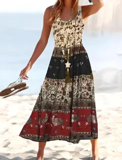 Online Women's Maxi Dress Sundress A Line Dress Slip Dress Pleated Dress Vacation Casual Boho Going out Beach Regular Fit Floral Paisley Color Block Sleeveless U Neck Deep Green light coffee Rose Red Summer Women Vacation Dresses