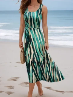 Online Women's Maxi Dress Sundress A Line Dress Slip Dress Pleated Dress Vacation Casual Boho Going out Beach Regular Fit Floral Paisley Color Block Sleeveless U Neck Deep Green light coffee Rose Red Summer Women Vacation Dresses