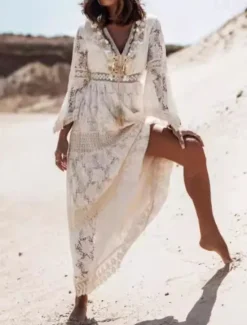 Discount Women's Maxi Dress Sundress A Line Dress Vacation Party Birthday Party Going out Beach Solid Color 3/4 Length Sleeve V Neck White Apricot Women Floral Dresses