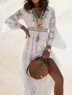Discount Women's Maxi Dress Sundress A Line Dress Vacation Party Birthday Party Going out Beach Solid Color 3/4 Length Sleeve V Neck White Apricot Women Floral Dresses