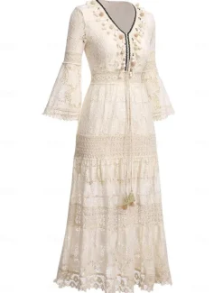 Discount Women's Maxi Dress Sundress A Line Dress Vacation Party Birthday Party Going out Beach Solid Color 3/4 Length Sleeve V Neck White Apricot Women Floral Dresses
