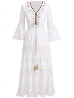 Discount Women's Maxi Dress Sundress A Line Dress Vacation Party Birthday Party Going out Beach Solid Color 3/4 Length Sleeve V Neck White Apricot Women Floral Dresses