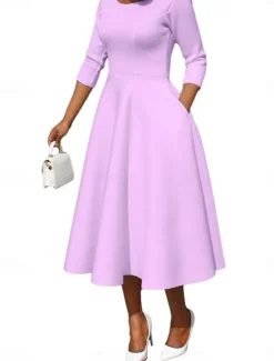 Online Women's Maxi Dress Swing Dress Basic Casual Vacation Daily Regular Fit Plain 3/4 Length Sleeve U Neck Black White Pink Blue Summer Women Cocktail Dress