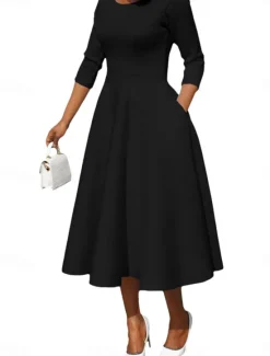 Online Women's Maxi Dress Swing Dress Basic Casual Vacation Daily Regular Fit Plain 3/4 Length Sleeve U Neck Black White Pink Blue Summer Women Cocktail Dress