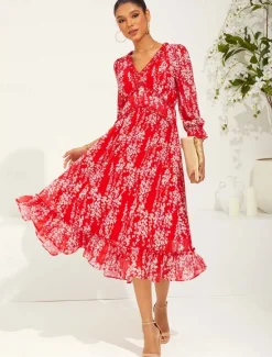 Clearance Women's Maxi Dress Swing Dress Elegant Cute Stylish Split Sleeve Vacation Regular Fit Floral Long Sleeve V Neck Summer Spring Women Vacation Dresses|Spring Dresses