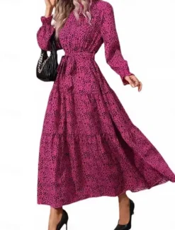 Online Women's Maxi Dress Swing Dress Elegant Dress Stylish Casual Vacation Daily Regular Fit Long Sleeve Stand Collar Spring Fall Women Vacation Dresses
