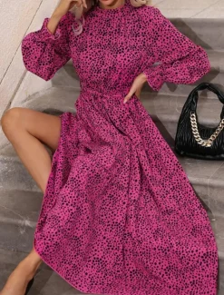 Online Women's Maxi Dress Swing Dress Elegant Dress Stylish Casual Vacation Daily Regular Fit Long Sleeve Stand Collar Spring Fall Women Vacation Dresses