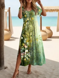 Discount Women's Maxi Dress T Shirt Dress Tee Dress Sundress Shift Dress Summer Dress Bohemia Party Holiday Beach Regular Fit Ombre Floral Vintage Short Sleeve Crew Neck Summer Spring Women T Shirt Dresses