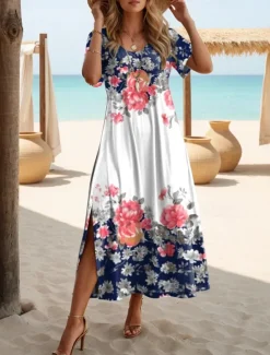 Outlet Women's Maxi Dress T Shirt Dress Tee Dress Sundress Shift Dress Summer Dress Bohemia Vintage Party Holiday Beach Regular Fit Floral Vintage Short Sleeve Crew Neck Summer Spring Women T Shirt Dresses