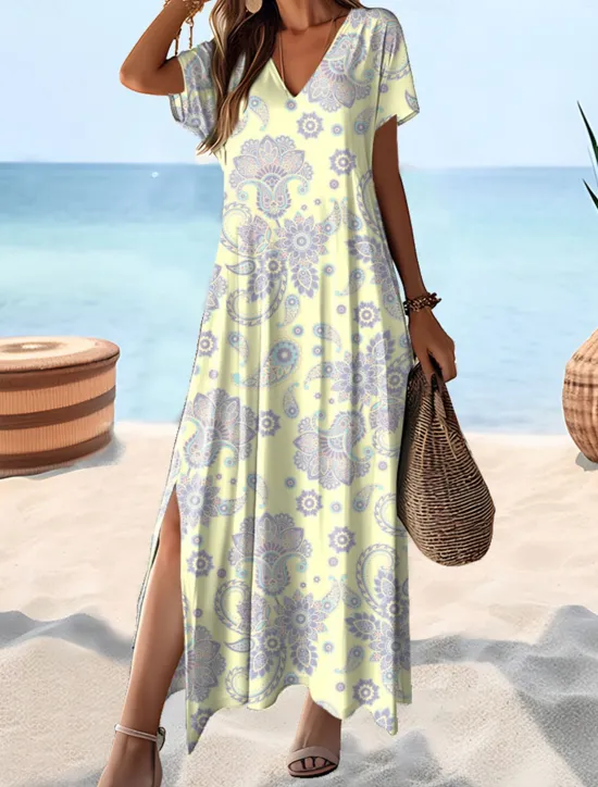 New Women's Maxi Dress T Shirt Dress Tee Dress Sundress Shift Dress Ethnic Tribal Drop Shoulder Vacation Party Street Loose Fit Paisley Short Sleeve V Neck Pink Blue Green Summer Women Spring Dresses|T Shirt Dresses