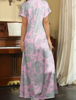 New Women's Maxi Dress T Shirt Dress Tee Dress Sundress Shift Dress Ethnic Tribal Drop Shoulder Vacation Party Street Loose Fit Paisley Short Sleeve V Neck Pink Blue Green Summer Women Spring Dresses|T Shirt Dresses