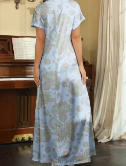 New Women's Maxi Dress T Shirt Dress Tee Dress Sundress Shift Dress Ethnic Tribal Drop Shoulder Vacation Party Street Loose Fit Paisley Short Sleeve V Neck Pink Blue Green Summer Women Spring Dresses|T Shirt Dresses