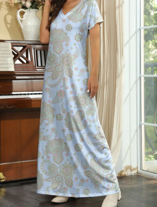 New Women's Maxi Dress T Shirt Dress Tee Dress Sundress Shift Dress Ethnic Tribal Drop Shoulder Vacation Party Street Loose Fit Paisley Short Sleeve V Neck Pink Blue Green Summer Women Spring Dresses|T Shirt Dresses