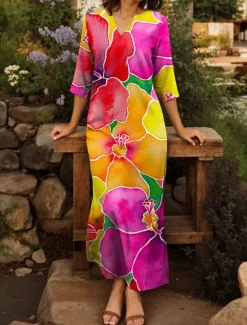 Hot Women's Maxi Dress T Shirt Dress Tee Dress Shift Dress Vacation Casual Boho Outdoor Going out Regular Fit Floral Graphic Half Sleeve V Neck Summer Spring Women Vacation Dresses