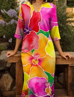 Hot Women's Maxi Dress T Shirt Dress Tee Dress Shift Dress Vacation Casual Boho Outdoor Going out Regular Fit Floral Graphic Half Sleeve V Neck Summer Spring Women Vacation Dresses