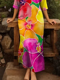 Hot Women's Maxi Dress T Shirt Dress Tee Dress Shift Dress Vacation Casual Boho Outdoor Going out Regular Fit Floral Graphic Half Sleeve V Neck Summer Spring Women Vacation Dresses