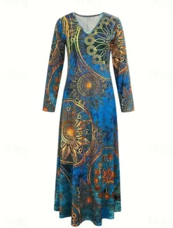 Clearance Women's Maxi Dress T Shirt Dress Tee Dress A Line Dress Vacation Casual Boho Date Regular Fit Floral Paisley Long Sleeve V Neck Royal Blue Dark Blue Fall Winter Women Casual Dress|Floral Dresses