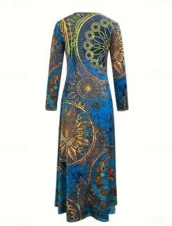 Clearance Women's Maxi Dress T Shirt Dress Tee Dress A Line Dress Vacation Casual Boho Date Regular Fit Floral Paisley Long Sleeve V Neck Royal Blue Dark Blue Fall Winter Women Casual Dress|Floral Dresses