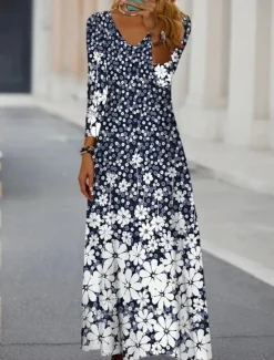 Clearance Women's Maxi Dress T Shirt Dress Tee Dress A Line Dress Vacation Casual Boho Date Regular Fit Floral Paisley Long Sleeve V Neck Royal Blue Dark Blue Fall Winter Women Casual Dress|Floral Dresses