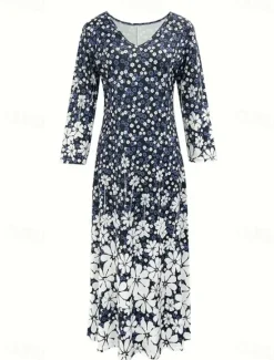 Clearance Women's Maxi Dress T Shirt Dress Tee Dress A Line Dress Vacation Casual Boho Date Regular Fit Floral Paisley Long Sleeve V Neck Royal Blue Dark Blue Fall Winter Women Casual Dress|Floral Dresses