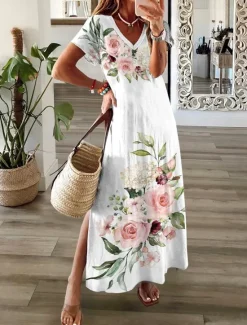 Online Women's Maxi Dress T Shirt Dress Tee Dress Sundress Shift Dress Summer Dress Bohemia Party Holiday Beach Regular Fit Floral Vintage Short Sleeve Crew Neck Summer Spring Women T Shirt Dresses