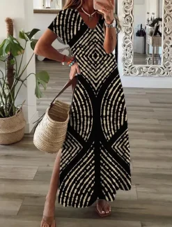Outlet Women's Maxi Dress T Shirt Dress Tee Dress Sundress Shift Dress Summer Dress Bohemia Vintage Party Holiday Beach Regular Fit Geometric Vintage Bohemian Short Sleeve Crew Neck Summer Spring Women T Shirt Dresses