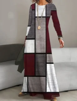 Women's Maxi Dress T Shirt Dress Tee Dress A Line Dress Summer Dress Vacation Casual Beach Daily Regular Fit Graphic Geometric Abstract Long Sleeve Crew Neck Spring Fall Winter Women Casual Dress