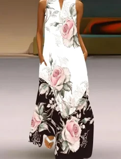 Clearance Women's Maxi Dress Tank Dress Elegant Bohemia Vacation Vacation Regular Fit Floral Color Block Sleeveless Split Neck Summer Women Vacation Dresses