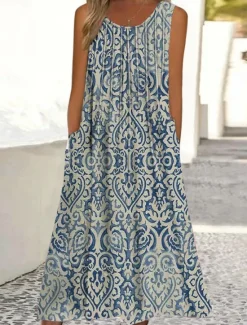 Discount Women's Maxi Dress Tank Dress Ombre Floral Pocket Print Crew Neck Midi Dress Daily Vacation Sleeveless Summer Spring Women Sundresses