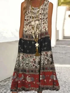 Discount Women's Maxi Dress Tank Dress Ombre Floral Pocket Print Crew Neck Midi Dress Daily Vacation Sleeveless Summer Spring Women Sundresses