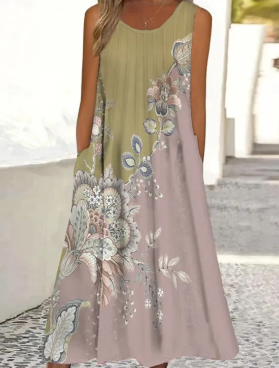 Discount Women's Maxi Dress Tank Dress Ombre Floral Pocket Print Crew Neck Midi Dress Daily Vacation Sleeveless Summer Spring Women Sundresses