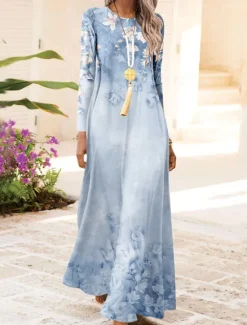 Women's Maxi Dress Vintage Bohemian A Line Dress Crew Neck Long Sleeve Casual Dress Winter Dress Swing Dress Fashion Streetwear Modern Outdoor Daily Date Fit Floral Pink Blue Purple Fall Winter Women Vacation Dresses