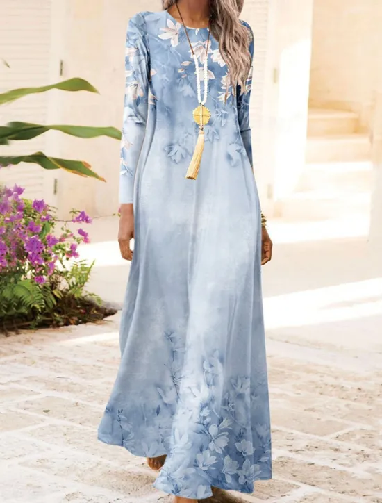 Women's Maxi Dress Vintage Bohemian A Line Dress Crew Neck Long Sleeve Casual Dress Winter Dress Swing Dress Fashion Streetwear Modern Outdoor Daily Date Fit Floral Pink Blue Purple Fall Winter Women Vacation Dresses