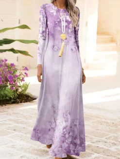 Women's Maxi Dress Vintage Bohemian A Line Dress Crew Neck Long Sleeve Casual Dress Winter Dress Swing Dress Fashion Streetwear Modern Outdoor Daily Date Fit Floral Pink Blue Purple Fall Winter Women Vacation Dresses