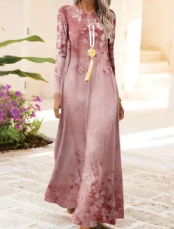 Women's Maxi Dress Vintage Bohemian A Line Dress Crew Neck Long Sleeve Casual Dress Winter Dress Swing Dress Fashion Streetwear Modern Outdoor Daily Date Fit Floral Pink Blue Purple Fall Winter Women Vacation Dresses