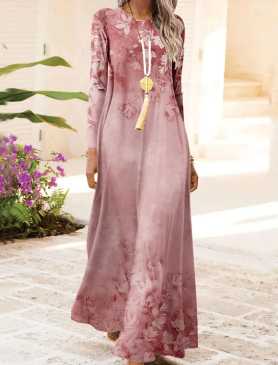 Women's Maxi Dress Vintage Bohemian A Line Dress Crew Neck Long Sleeve Casual Dress Winter Dress Swing Dress Fashion Streetwear Modern Outdoor Daily Date Fit Floral Pink Blue Purple Fall Winter Women Vacation Dresses