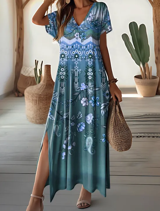 New Women's Maxi Dress Vintage Dress Casual Dress Sundress Vintage Ethnic Tribal Drop Shoulder Vacation Street Holiday Regular Fit Tribal Short Sleeve V Neck White Blue Purple Khaki Women Spring Dresses|T Shirt Dresses