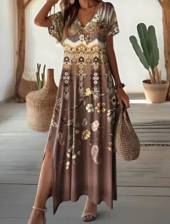 New Women's Maxi Dress Vintage Dress Casual Dress Sundress Vintage Ethnic Tribal Drop Shoulder Vacation Street Holiday Regular Fit Tribal Short Sleeve V Neck White Blue Purple Khaki Women Spring Dresses|T Shirt Dresses