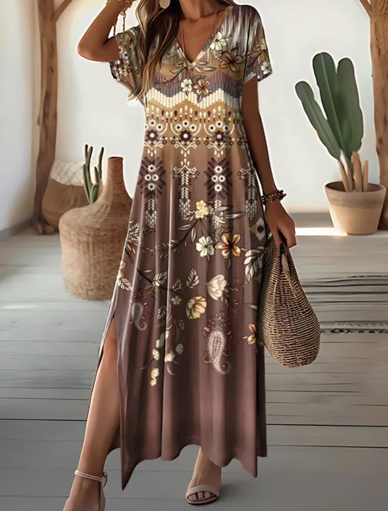 New Women's Maxi Dress Vintage Dress Casual Dress Sundress Vintage Ethnic Tribal Drop Shoulder Vacation Street Holiday Regular Fit Tribal Short Sleeve V Neck White Blue Purple Khaki Women Spring Dresses|T Shirt Dresses