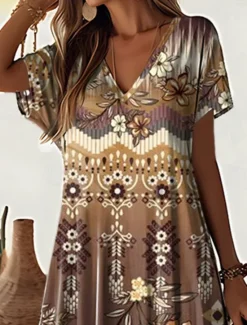 New Women's Maxi Dress Vintage Dress Casual Dress Sundress Vintage Ethnic Tribal Drop Shoulder Vacation Street Holiday Regular Fit Tribal Short Sleeve V Neck White Blue Purple Khaki Women Spring Dresses|T Shirt Dresses