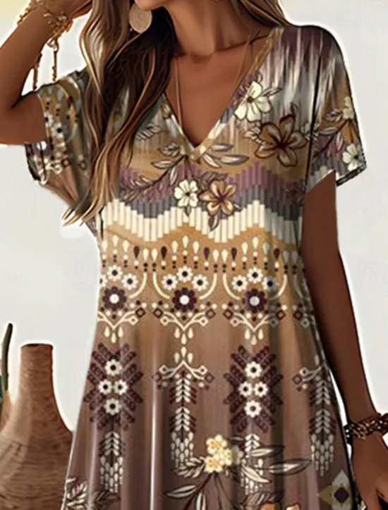 New Women's Maxi Dress Vintage Dress Casual Dress Sundress Vintage Ethnic Tribal Drop Shoulder Vacation Street Holiday Regular Fit Tribal Short Sleeve V Neck White Blue Purple Khaki Women Spring Dresses|T Shirt Dresses