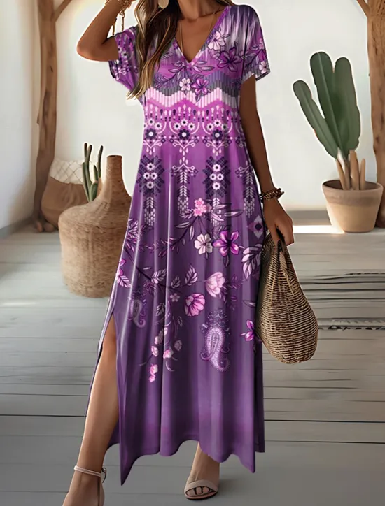 New Women's Maxi Dress Vintage Dress Casual Dress Sundress Vintage Ethnic Tribal Drop Shoulder Vacation Street Holiday Regular Fit Tribal Short Sleeve V Neck White Blue Purple Khaki Women Spring Dresses|T Shirt Dresses