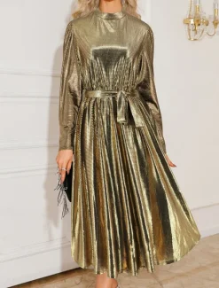 Hot Women's Maxi Dress Vintage Dress Formal Dress Elegant Vintage Streetwear Wedding Party Date Regular Fit Solid Color Stand Collar Silver Red Spring Fall Women Cocktail Dress