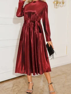 Hot Women's Maxi Dress Vintage Dress Formal Dress Elegant Vintage Streetwear Wedding Party Date Regular Fit Solid Color Stand Collar Silver Red Spring Fall Women Cocktail Dress